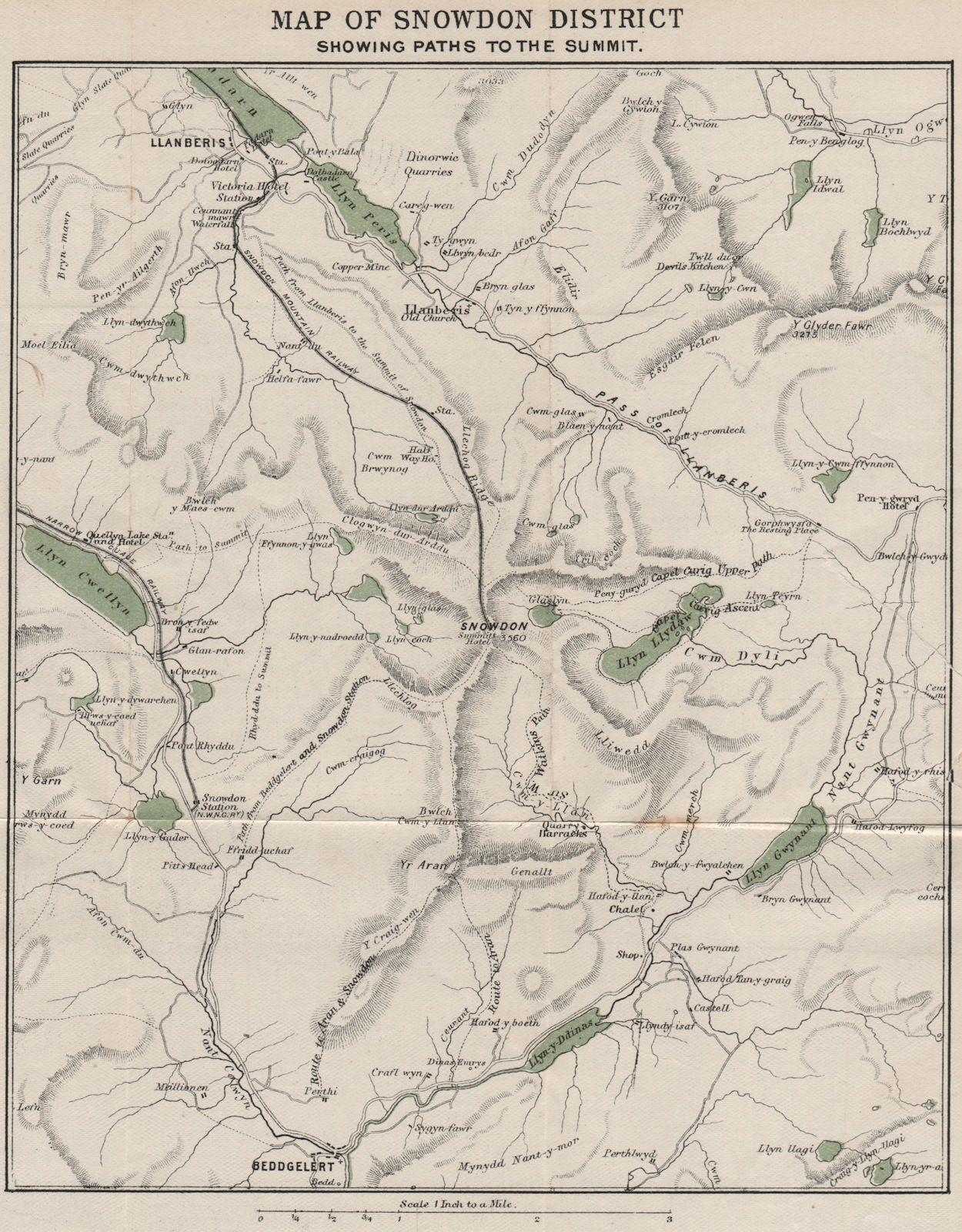 SNOWDON SHOWING PATHS TO SUMMIT. Llanberis. WARD LOCK 1901 old antique map